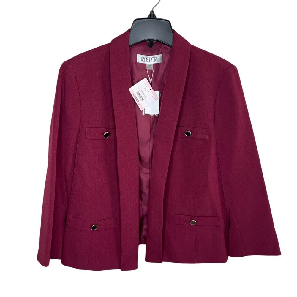 Kasper Womens Petite Stretch Crepe Shawl-Collar Open-Front Burgundy Blazer 10P